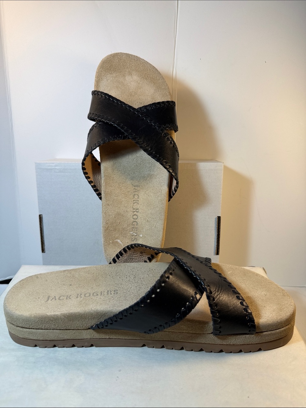 Jack Rogers Black Leather Crisscross Slide Sandals